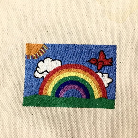 Lands End Canvas Tote NWT Embroidered Rainbow Open Top Natural Turquoise Medium - Picture 4 of 10